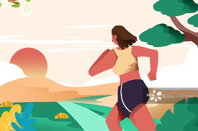 卡通手绘女子跑步锻炼插画图片素材
