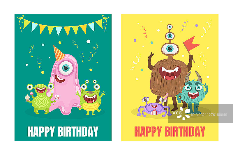 带有怪物的绿黄色生日贺卡图片素材