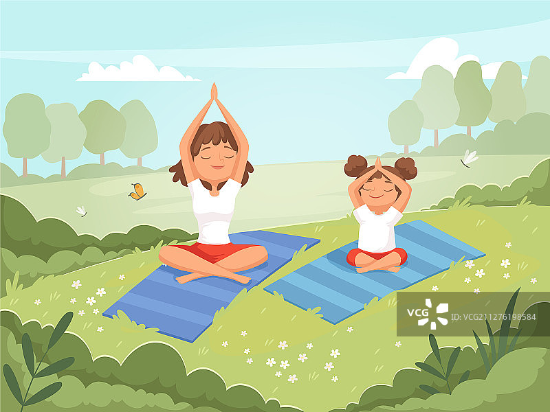 家庭瑜伽：母亲和女儿一起做运动图片素材