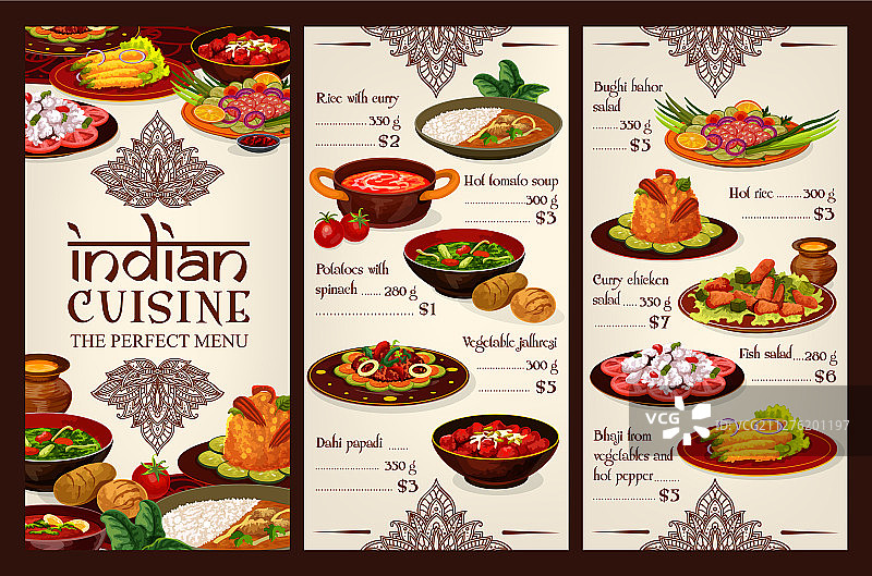 印度美食菜单亚洲餐厅价格图片素材