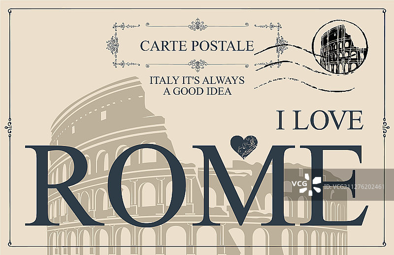 写着“我爱罗马”的复古明信片图片素材