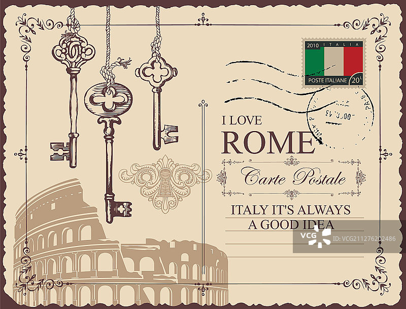 带有罗马竞技场和旧钥匙的老式明信片图片素材