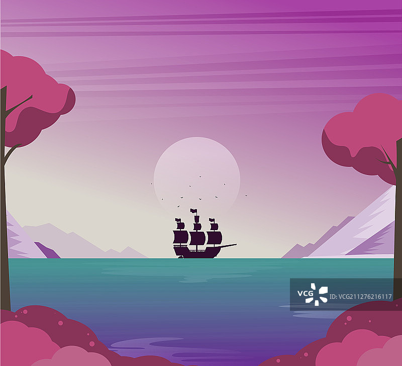 海上扁平风格的船舶图片素材