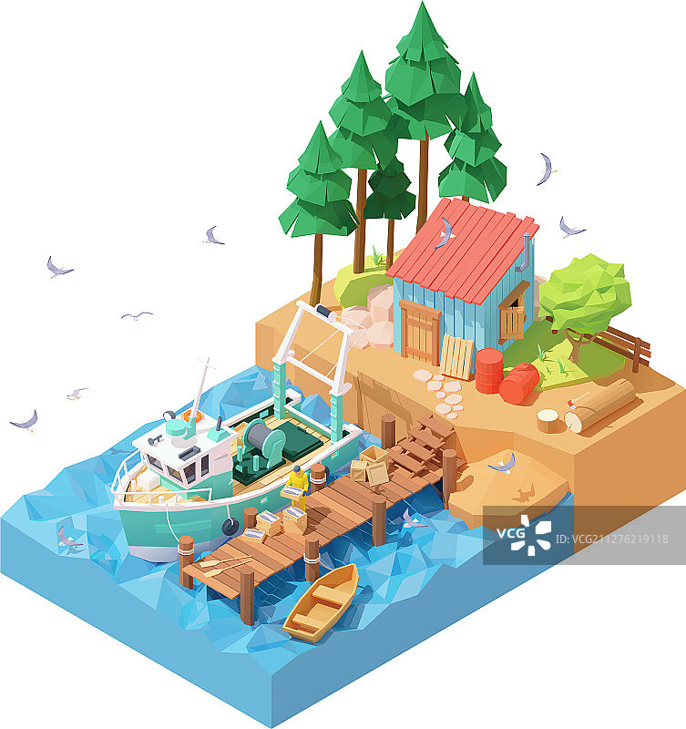 2.5D风格渔民卸货图片素材