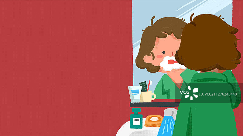 可爱时尚卡通女刷牙洗漱起床扁平插画banner图片素材