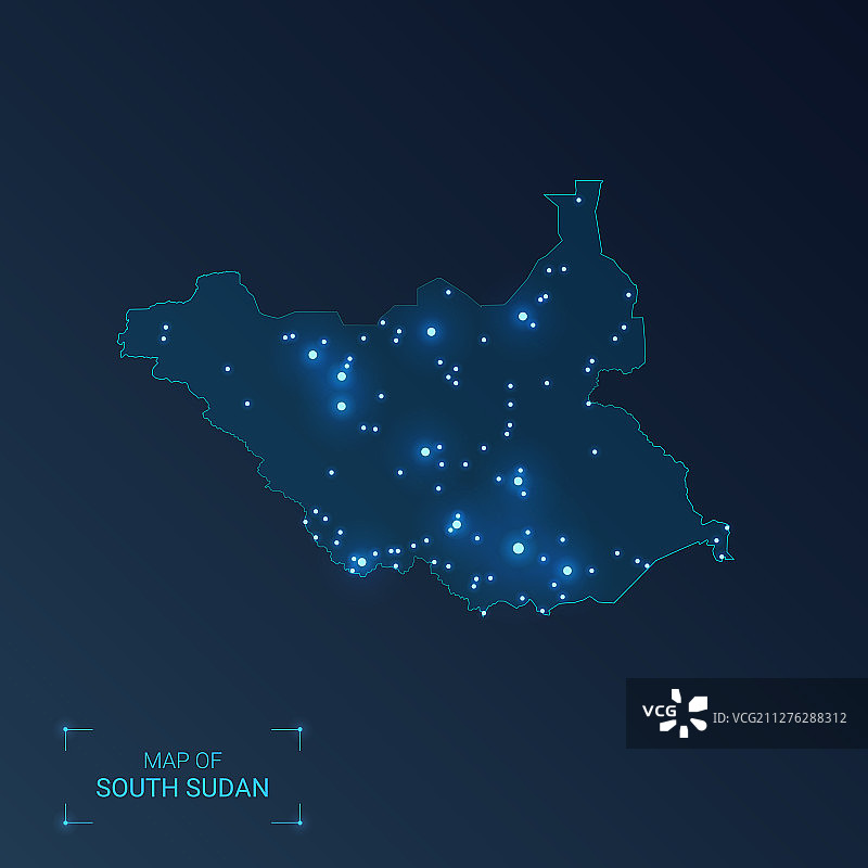 带有发光城市光点的南苏丹地图-霓虹灯效果图片素材