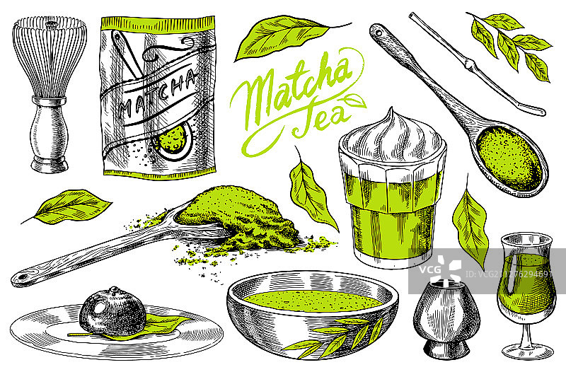 抹茶茶具套装：有机抹茶粉与竹筅图片素材