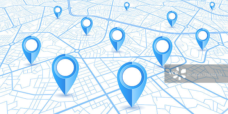 蓝色道路地图上的蓝色GPS导航图钉图片素材
