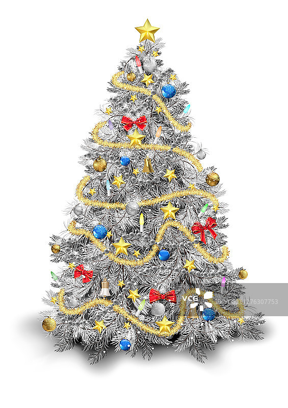 带彩色装饰品的银色圣诞树图片素材