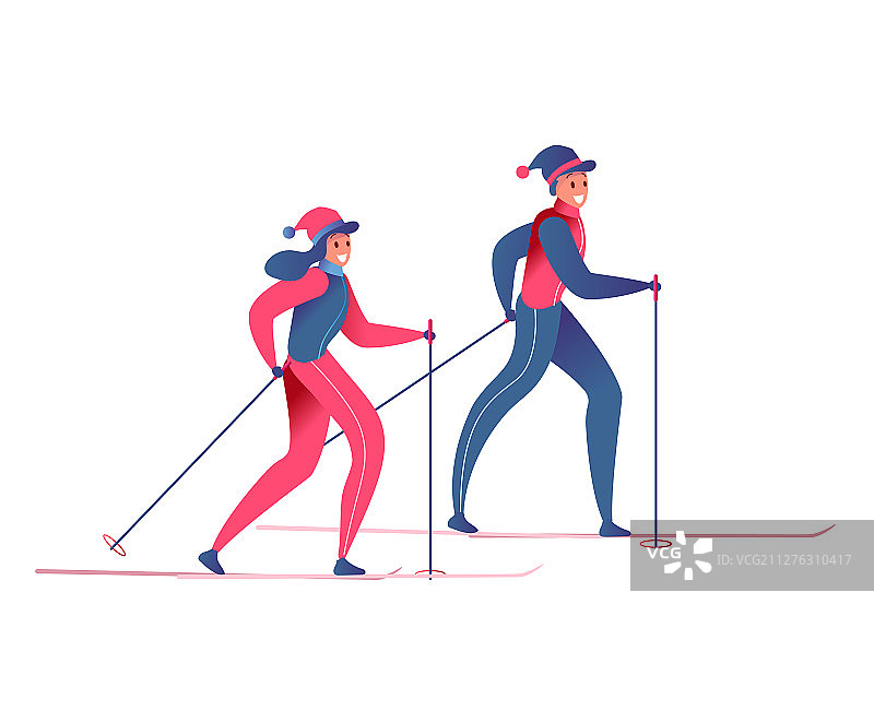 户外滑雪的扁平风格男人和女人图片素材