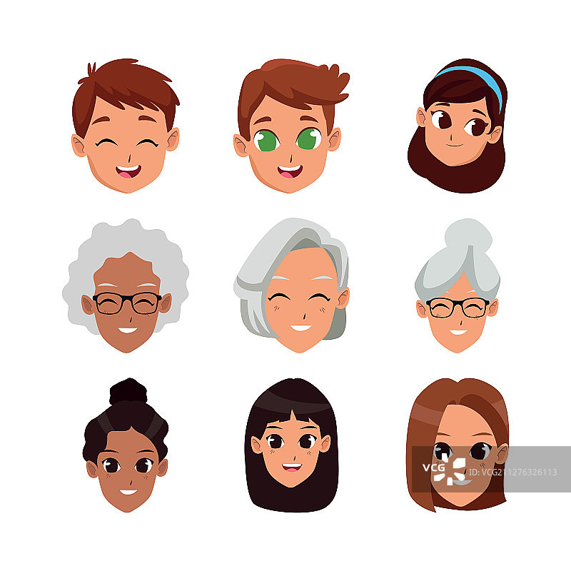 卡通女性和儿童面部图标扁平设计图片素材