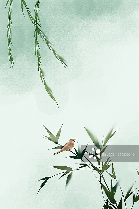 绿色古风诗意插画图片素材