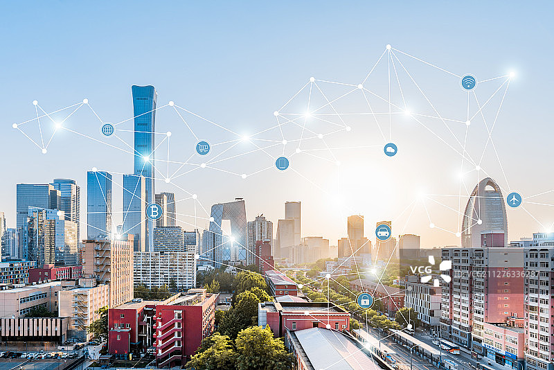 中国北京CBD天际线和城市互联大数据概念图片素材