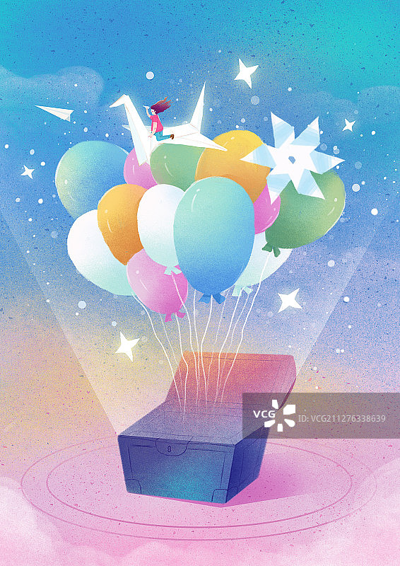 宝箱里飘出的气球风车和千纸鹤上玩纸飞机的女孩图片素材