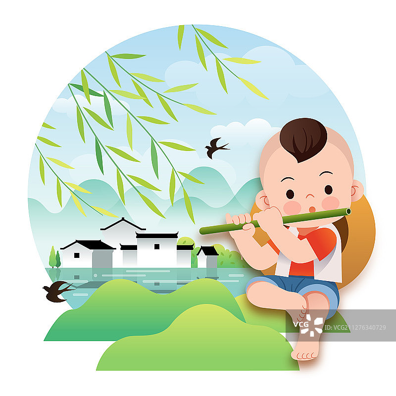 吹着笛子的牧童和江南水乡风景图片素材
