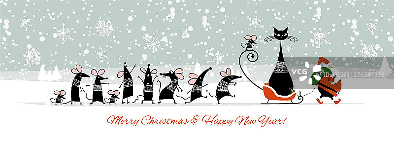 带有滑稽老鼠、猫和圣诞老人的圣诞贺卡图片素材