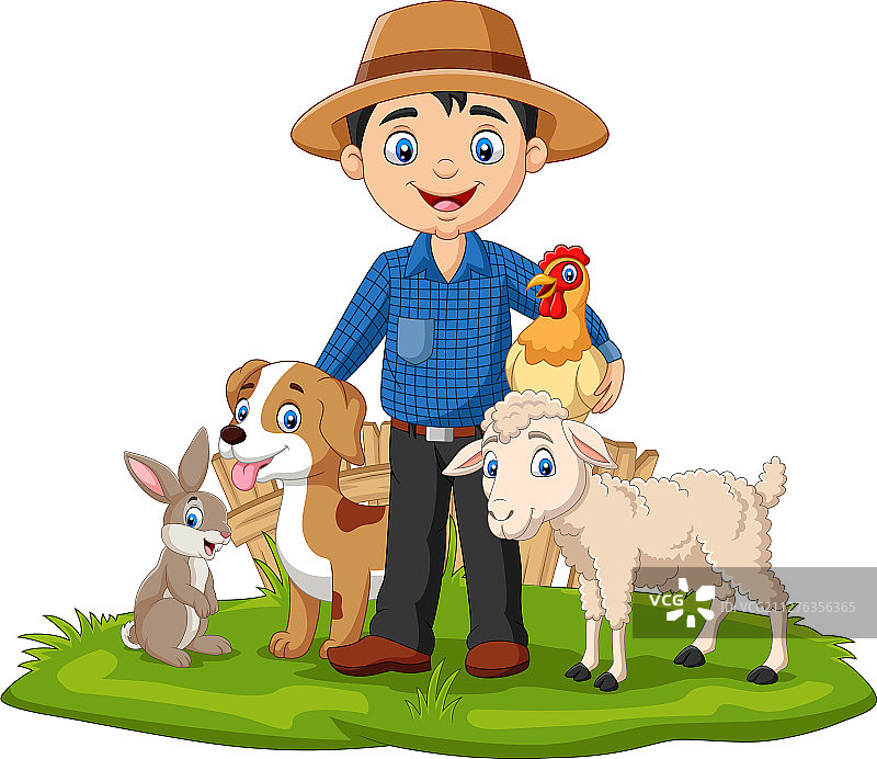 草地上的农民和农场动物图片素材