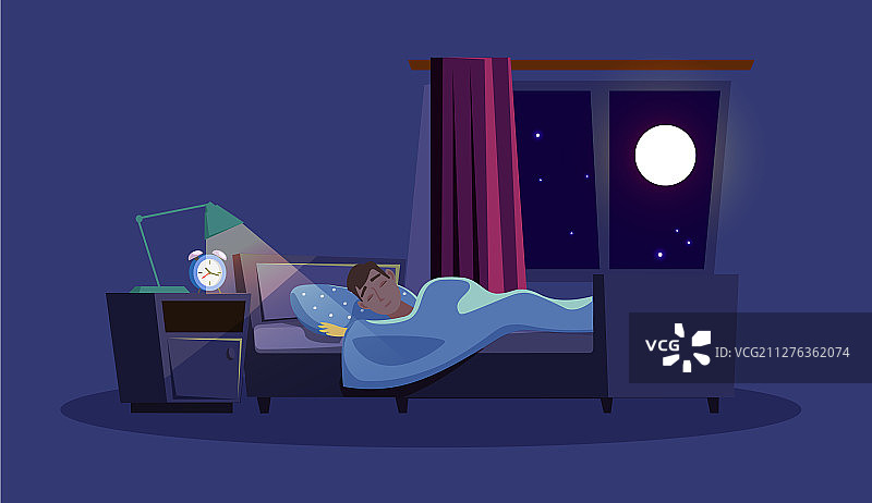 男人在床上睡觉（扁平风格）图片素材
