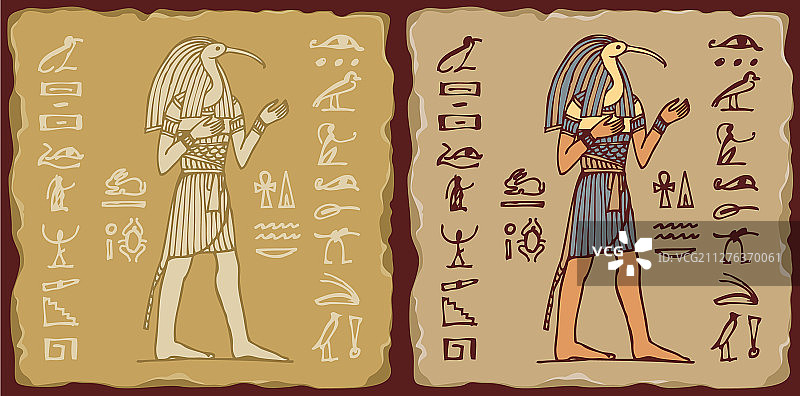 带有埃及神托特和象形文字的瓷砖图片素材