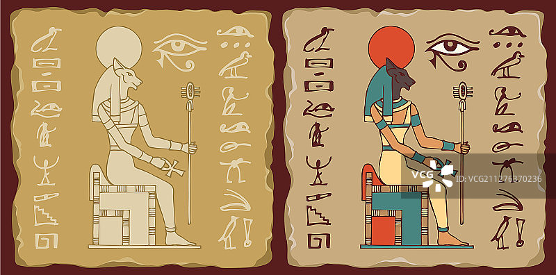 带有埃及女神芭丝特和象形文字的瓷砖图片素材