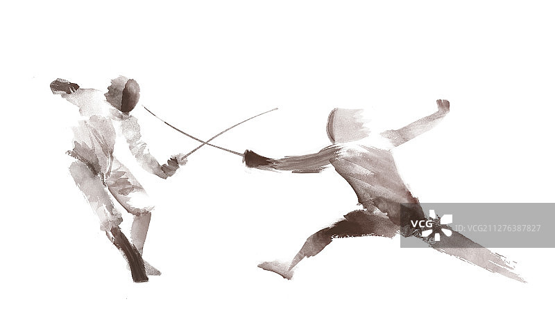 击剑运动水墨插画图片素材