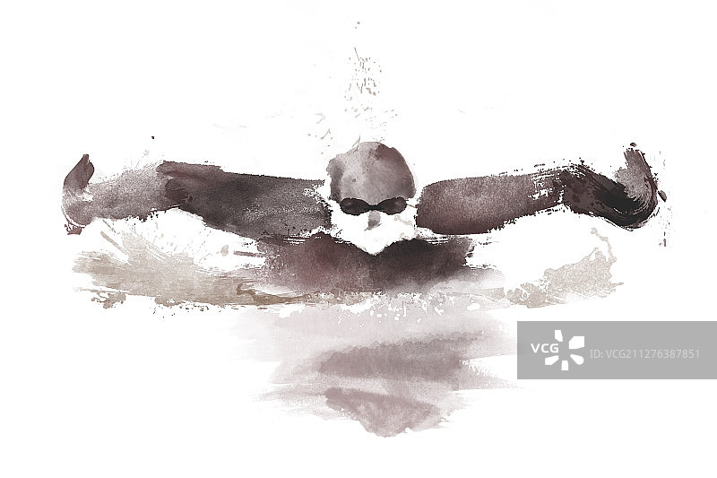 男子游泳水墨插画图片素材