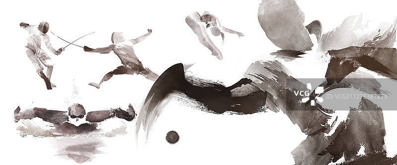 击剑、跳水、乒乓球和游泳水墨插画图片素材