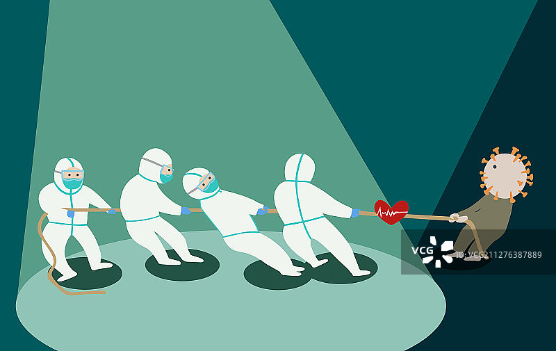 医护人员和科学家与新型冠状病毒肺炎拔河博弈插画图片素材
