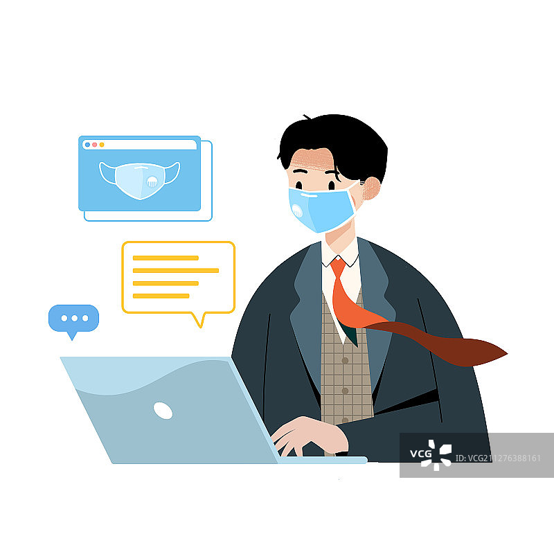 带着口罩在电脑前学习工作的年轻人图片素材