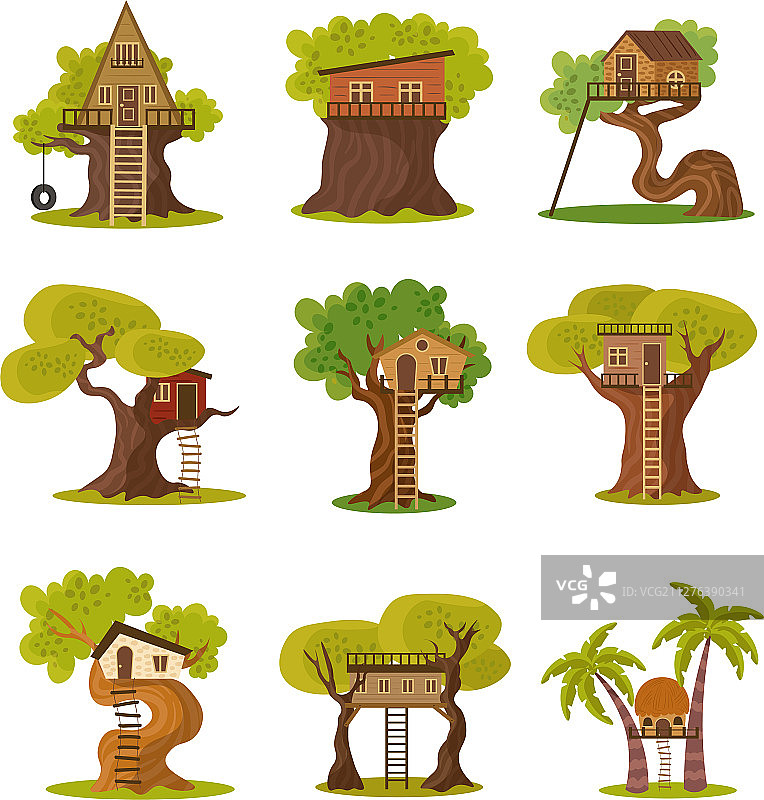 树上不同风格的房屋组合图片素材