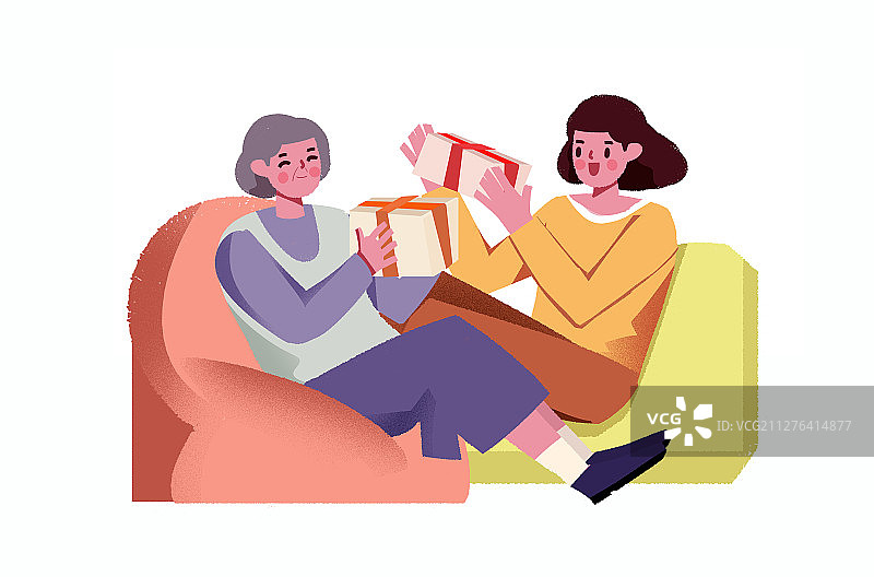 卡通手绘母女送礼物母亲节妇女节插画图片素材