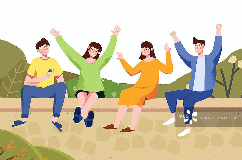 卡通手绘男生女生坐一排插画图片素材