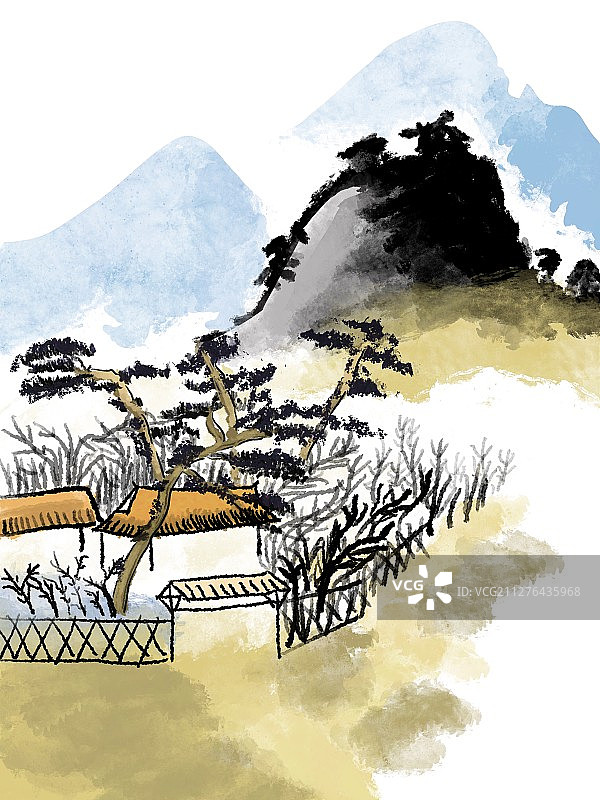 插画：山村水墨国画图片素材
