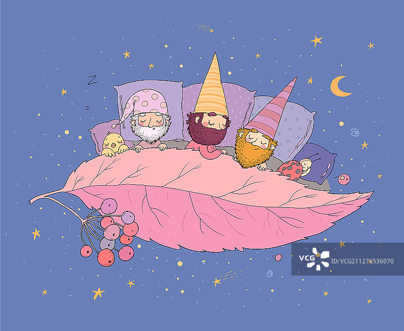 三个小矮人在树叶下睡觉，森林精灵图片素材