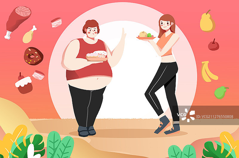 卡通手绘美女瘦身和胖女人对比插画图片素材