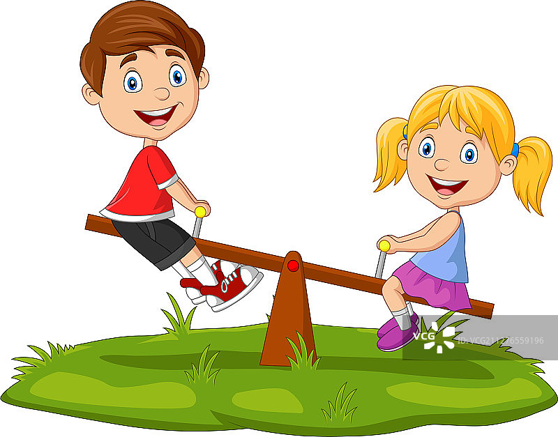 在公园里玩跷跷板的卡通儿童图片素材