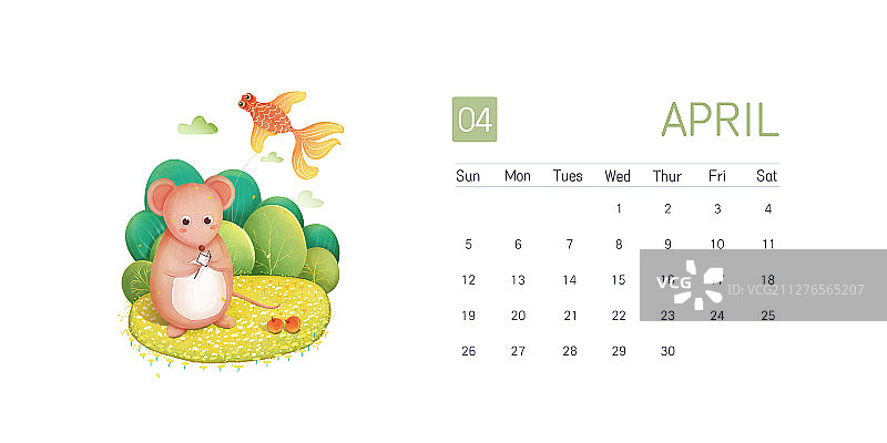 四月台历之春天里踏青放风筝的老鼠图片素材
