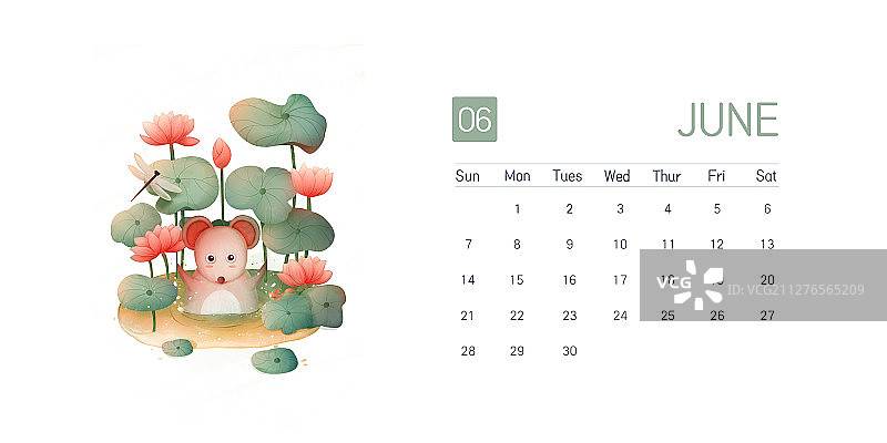 六月台历之荷花池里戏水的老鼠图片素材