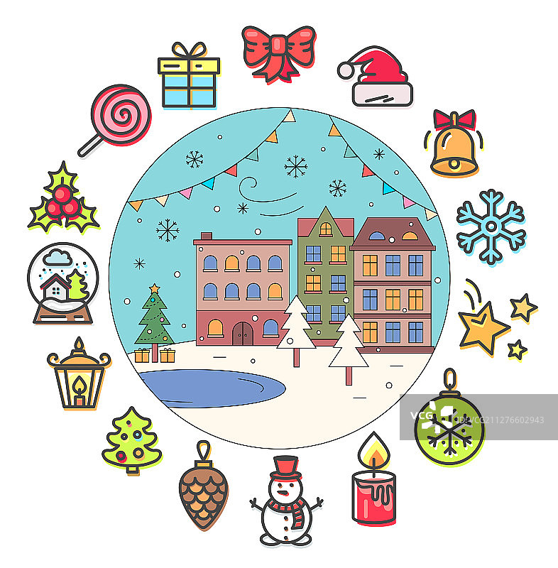 圣诞图标与冬季建筑街道图片素材