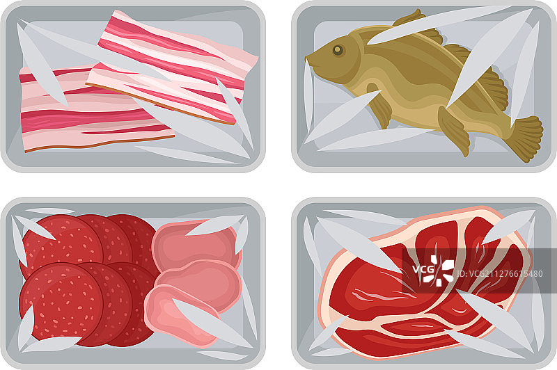 真空食品包装盒中的肉类和鱼类图片素材