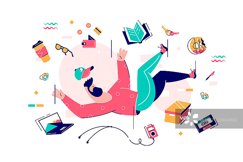 年轻的络腮胡男子拿着食物设备在人群中图片素材