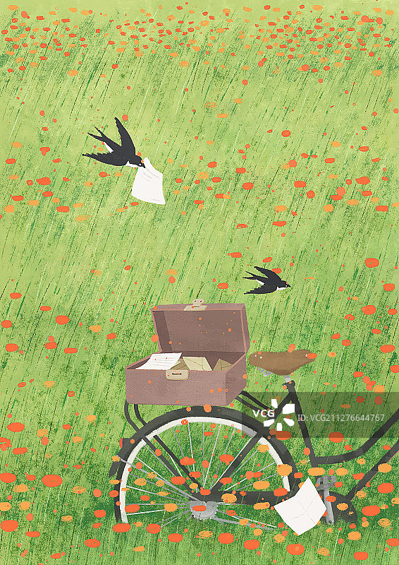 燕子春天自行车草地花丛图片素材