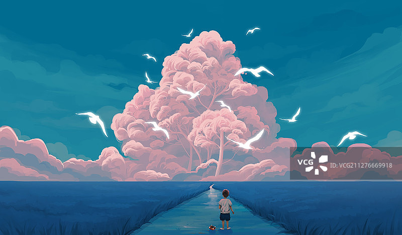 清晨田野中的男孩望着远方的飞鸟插画横版图片素材