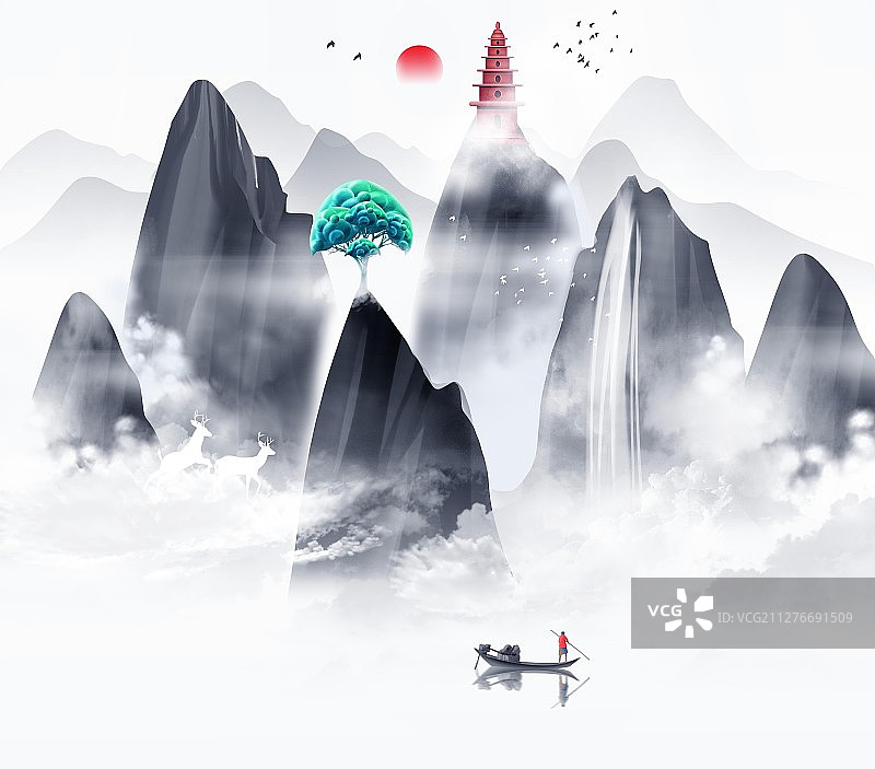 新中式淡雅山水插画图片素材