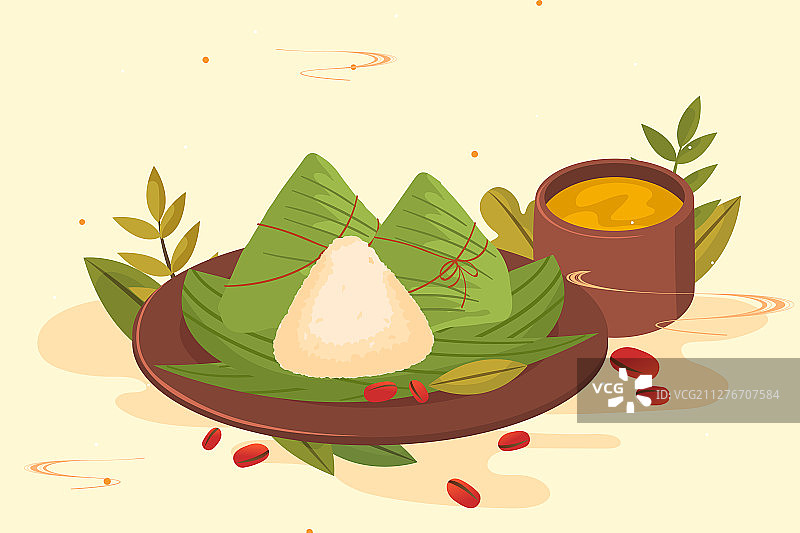 西瓜夏季解暑粽子端午节清明节青团中国风食品背景矢量插画图片素材
