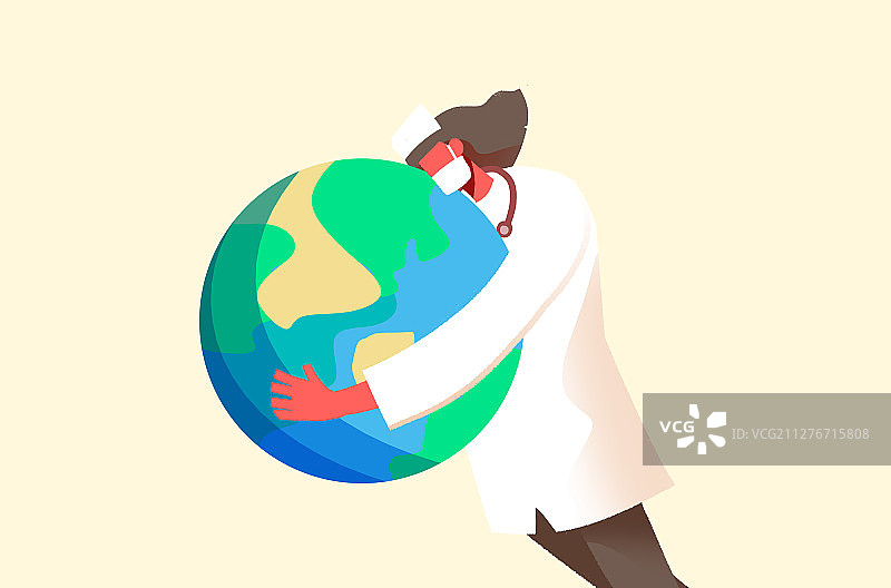 卡通手绘世界卫生日医生拥抱地球跑插画图片素材