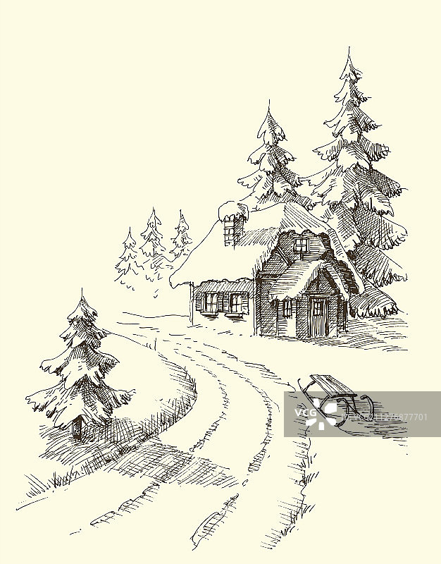 冬季松树与房屋图片素材
