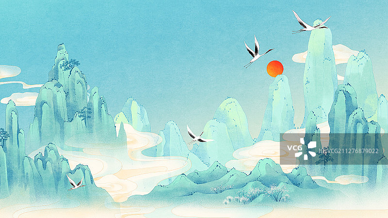 云雾缭绕的青山间飞舞的白鹤与红日国风插画图片素材