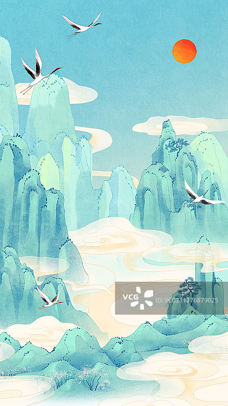 云雾缭绕的青山间飞舞的白鹤与红日国风插画图片素材