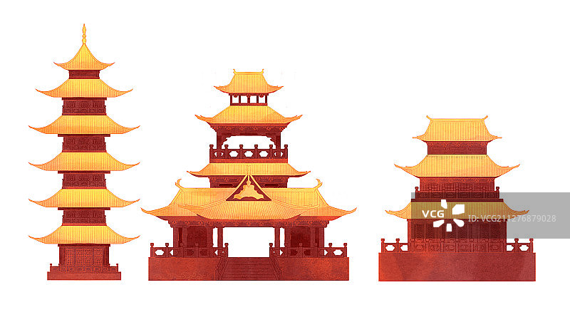 金色琉璃瓦的古代楼阁宫殿古塔建筑插画图片素材
